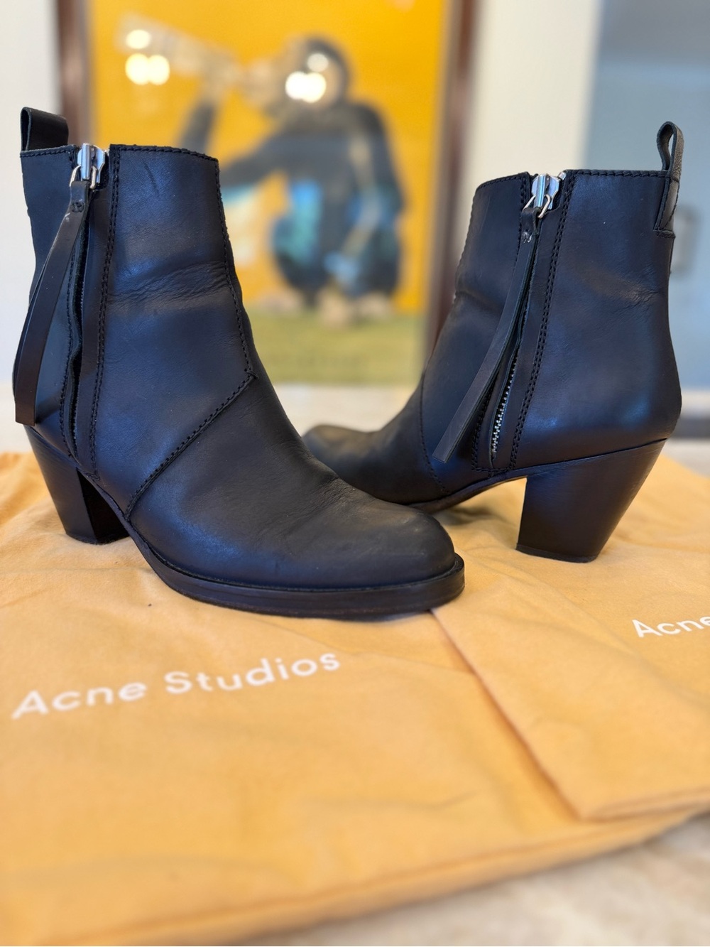 Acne Black Leather Pistol Ankle Boots Size 38
